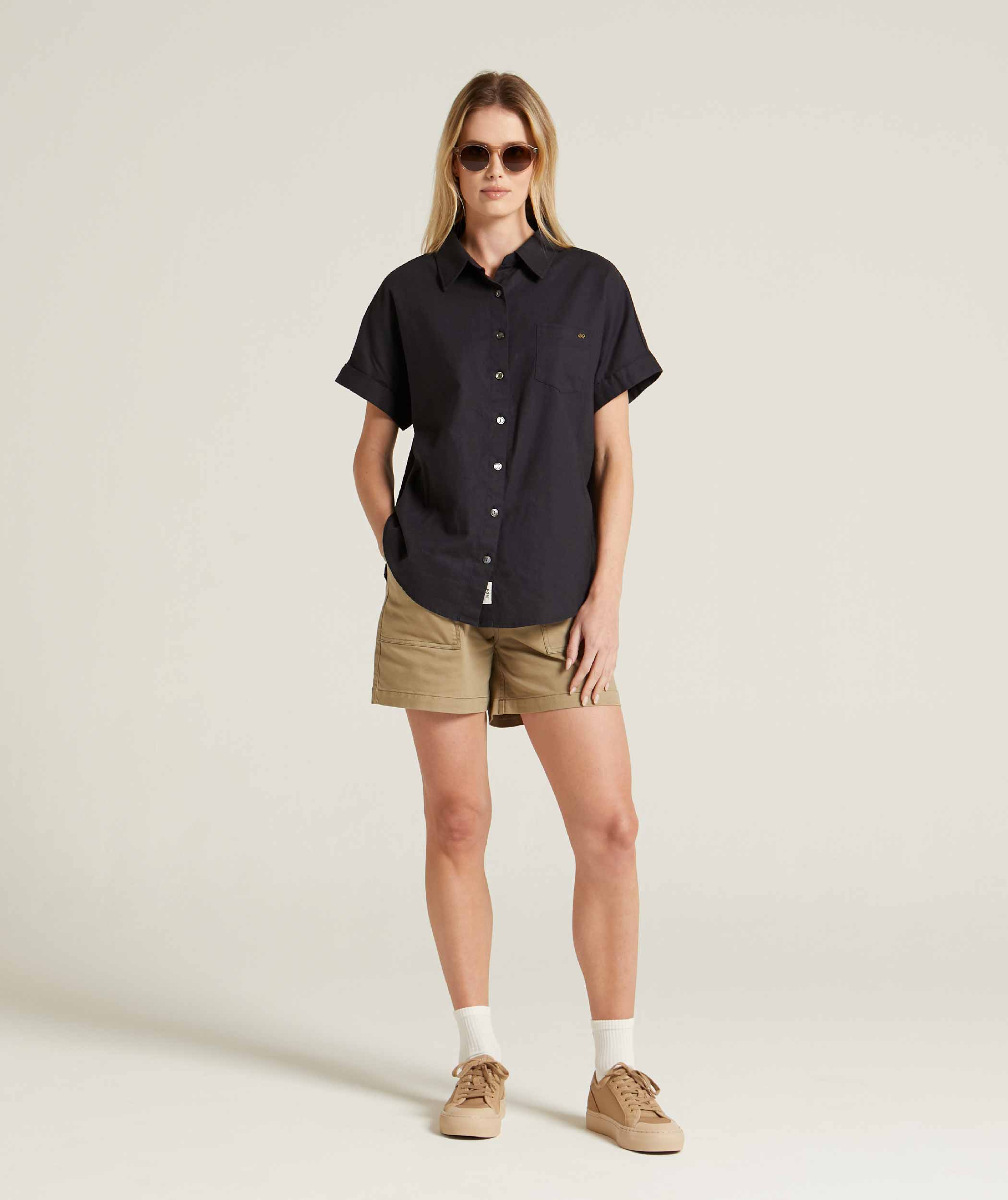 Ladies Short Sleeve Linen Blend Shirt - Navy