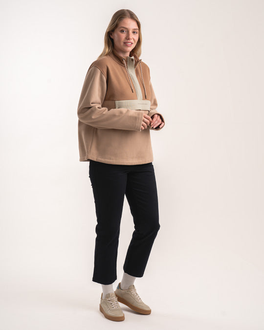 Ladies 1/4 Zip Sweater - Biscuit Colourblock