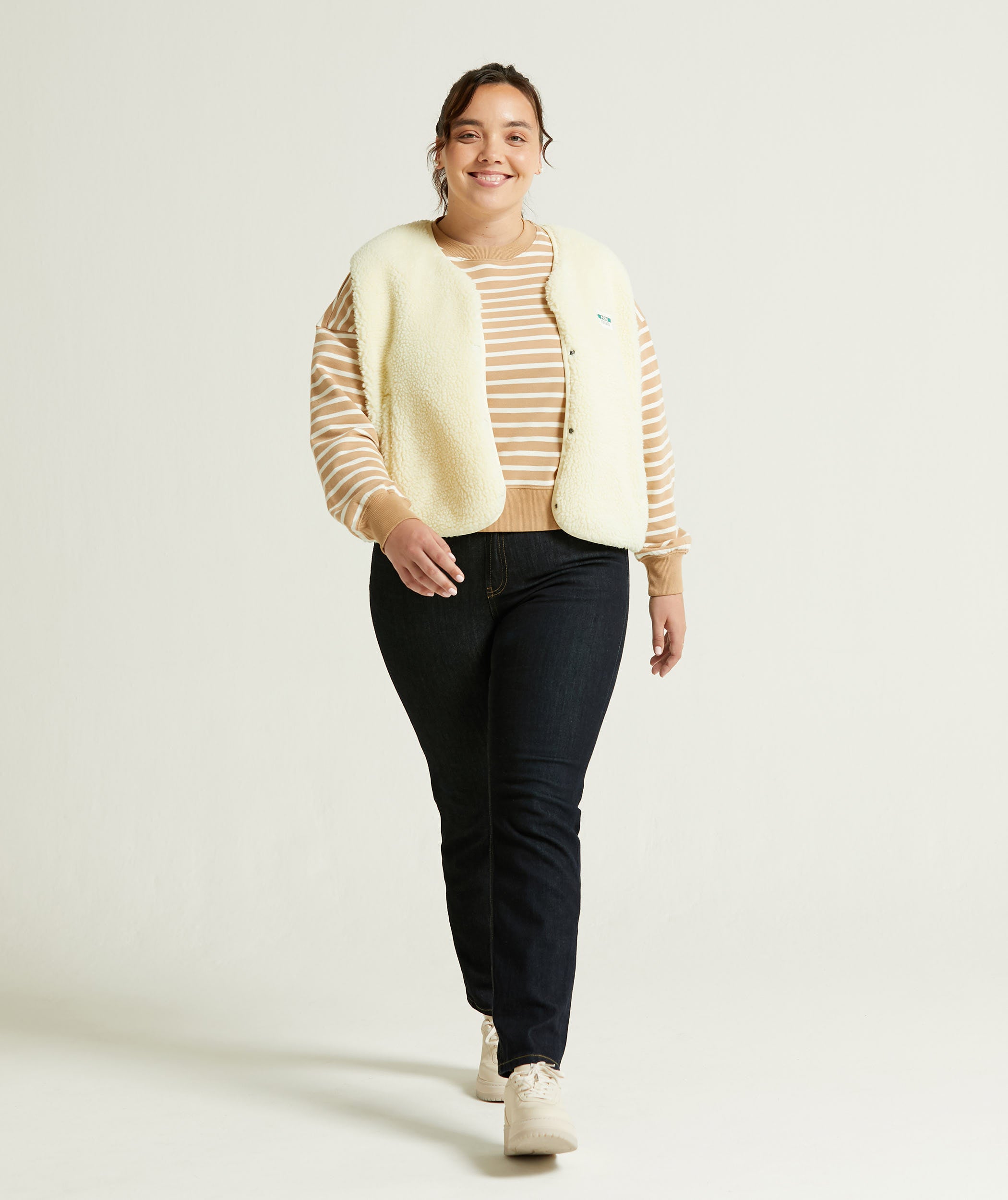 Ladies Crew Neck Stripe Sweatshirt - Tan & Off-White