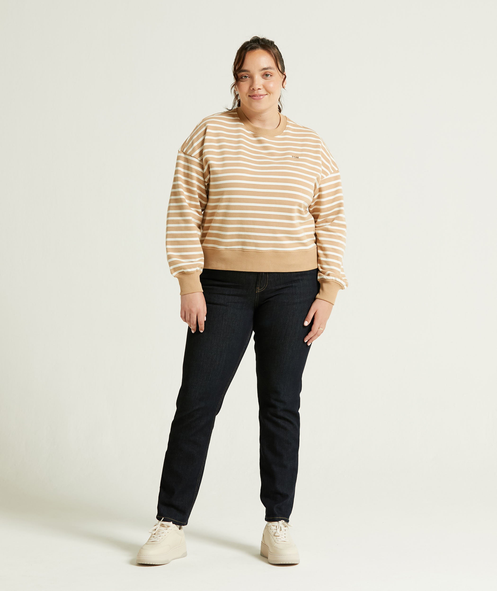 Ladies Crew Neck Stripe Sweatshirt - Tan & Off-White