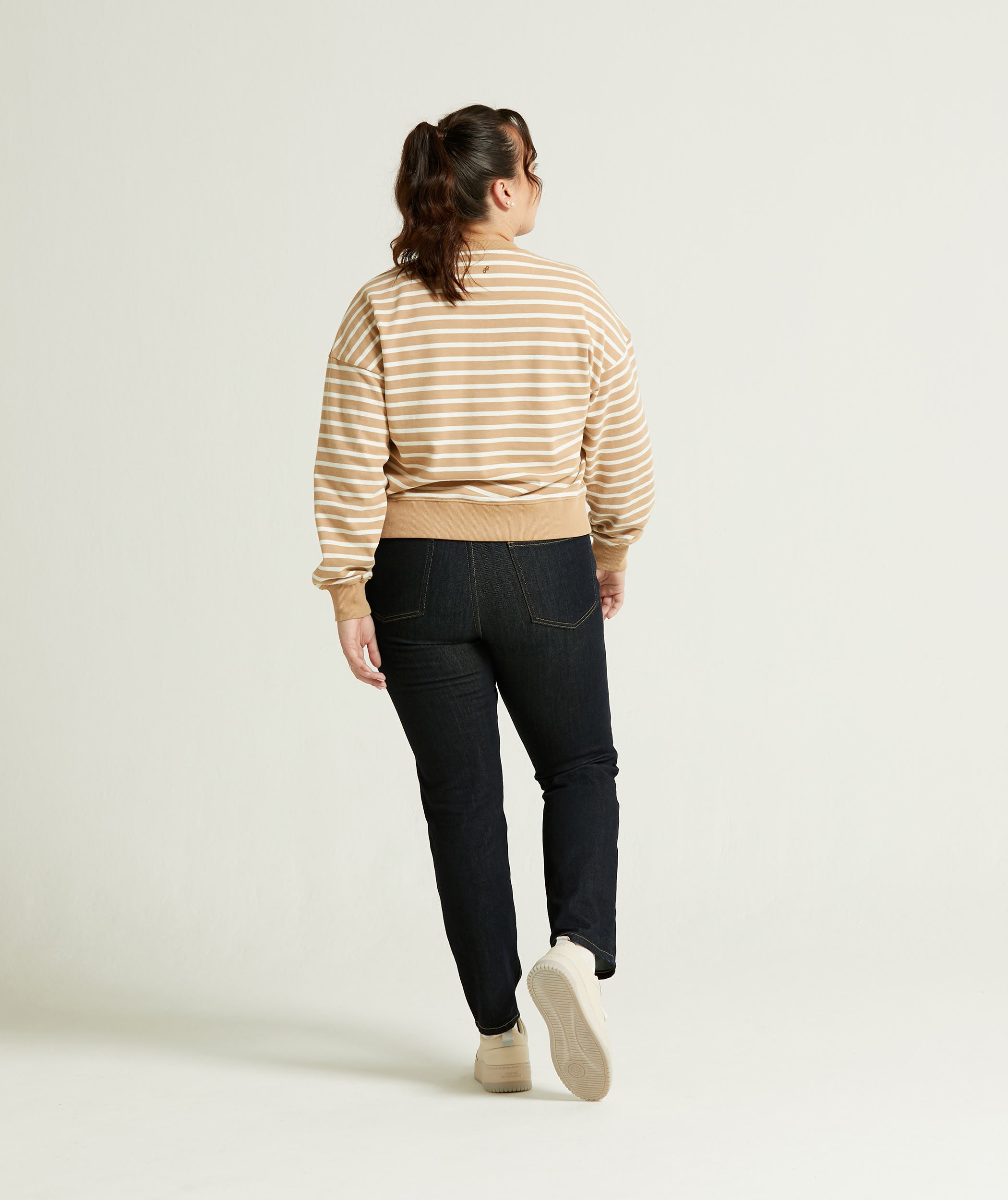 Ladies Crew Neck Stripe Sweatshirt - Tan & Off-White