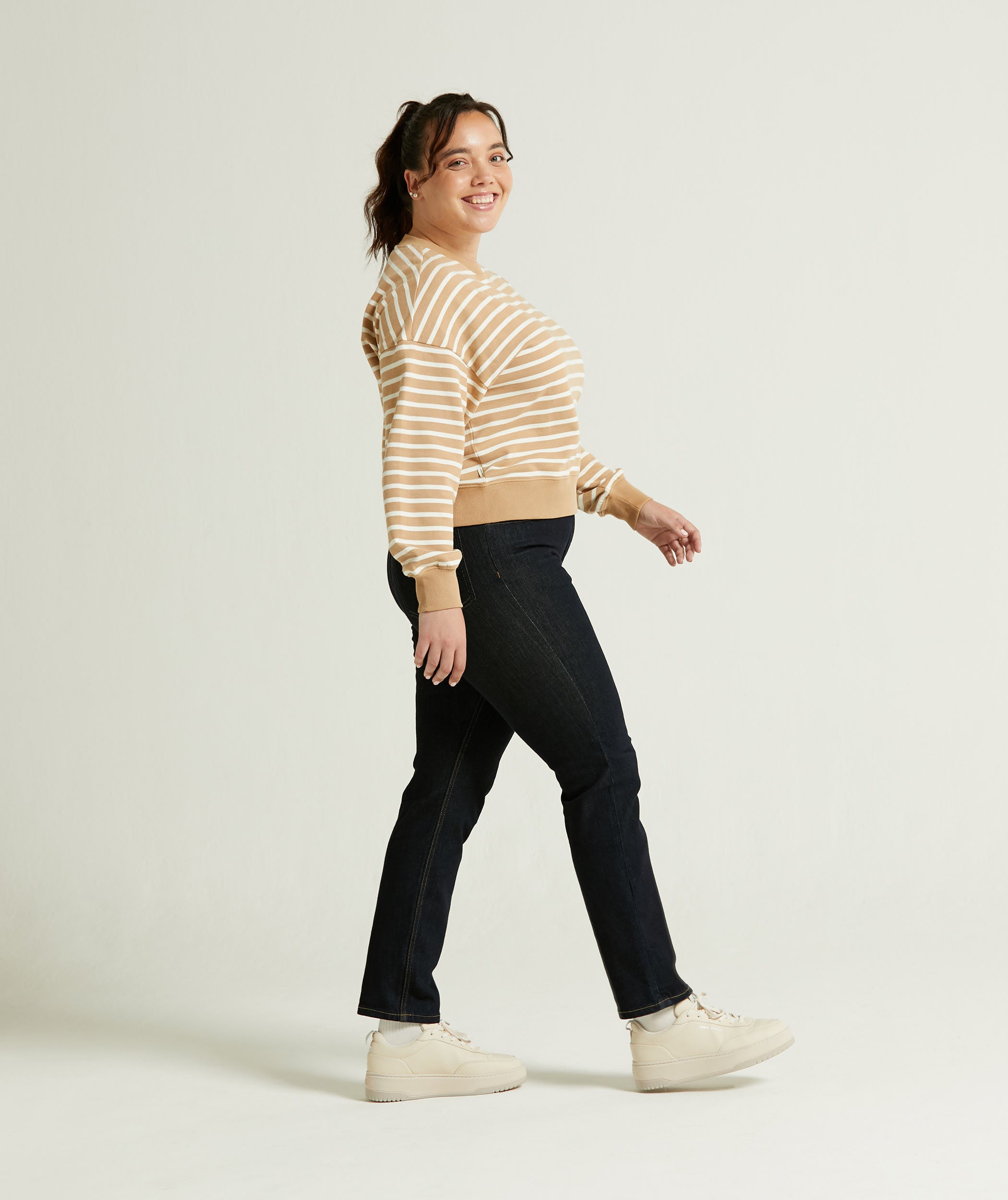 Ladies Crew Neck Stripe Sweatshirt - Tan & Off-White