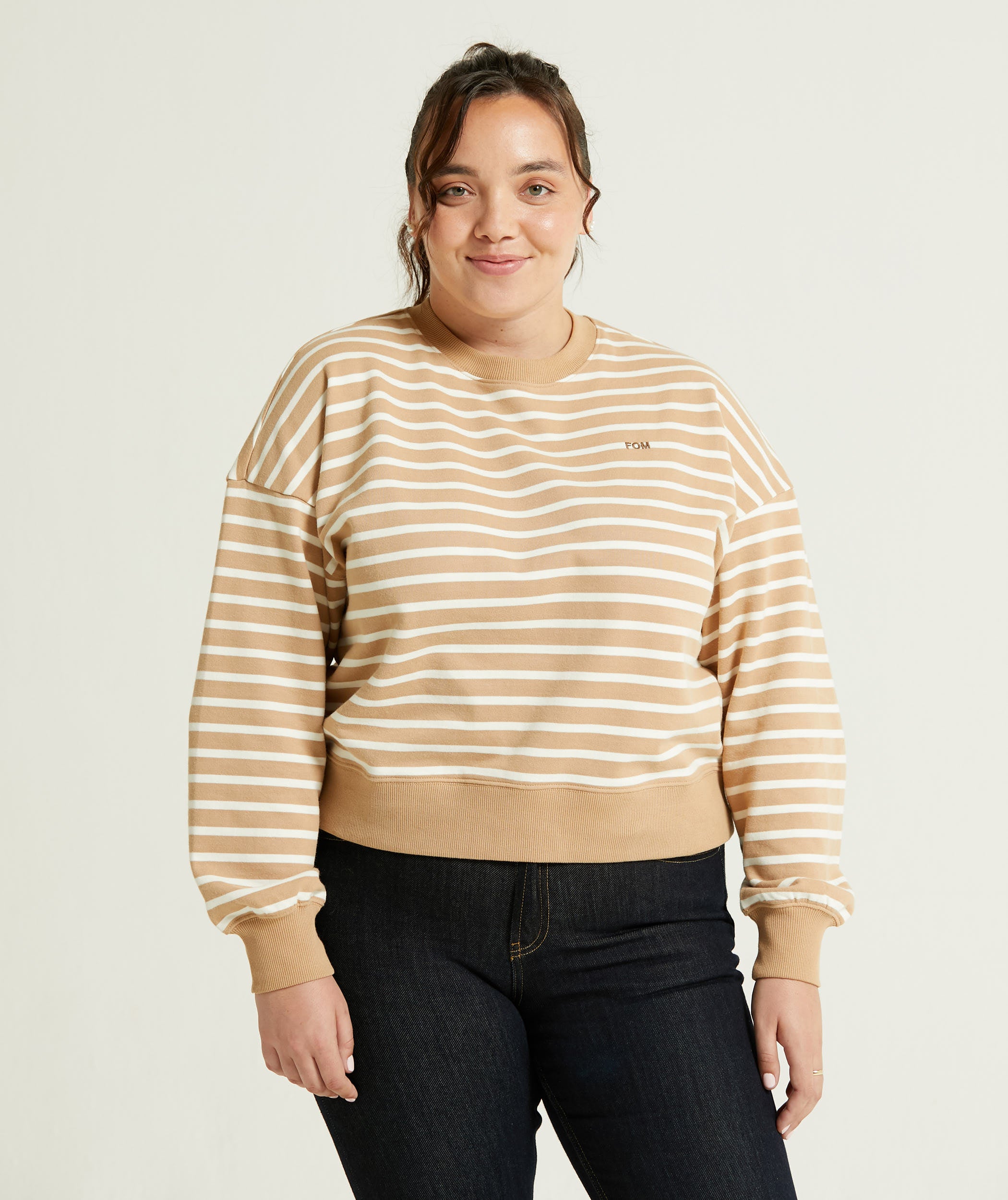 Ladies Crew Neck Stripe Sweatshirt - Tan & Off-White