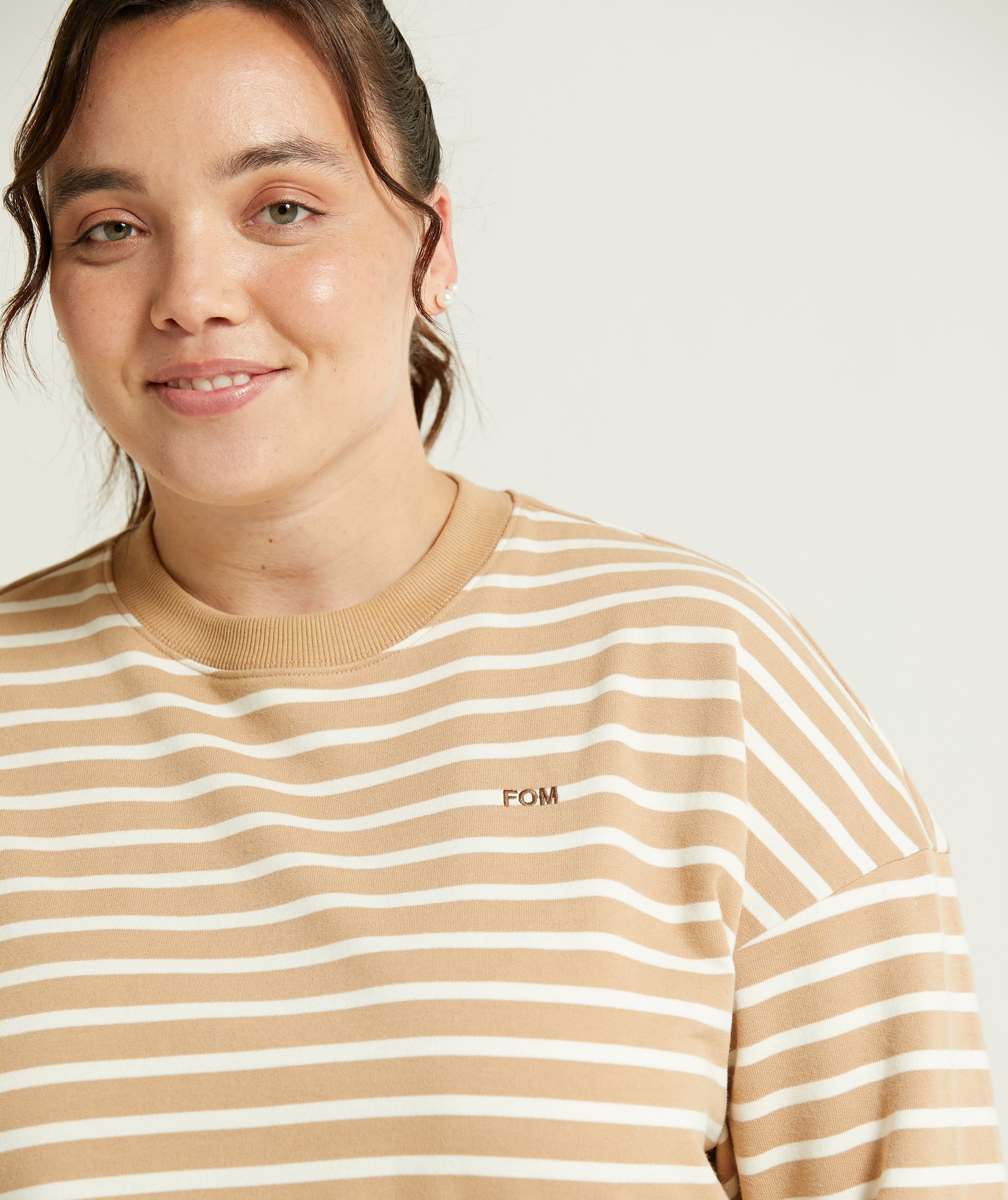 Ladies Crew Neck Stripe Sweatshirt - Tan & Off-White