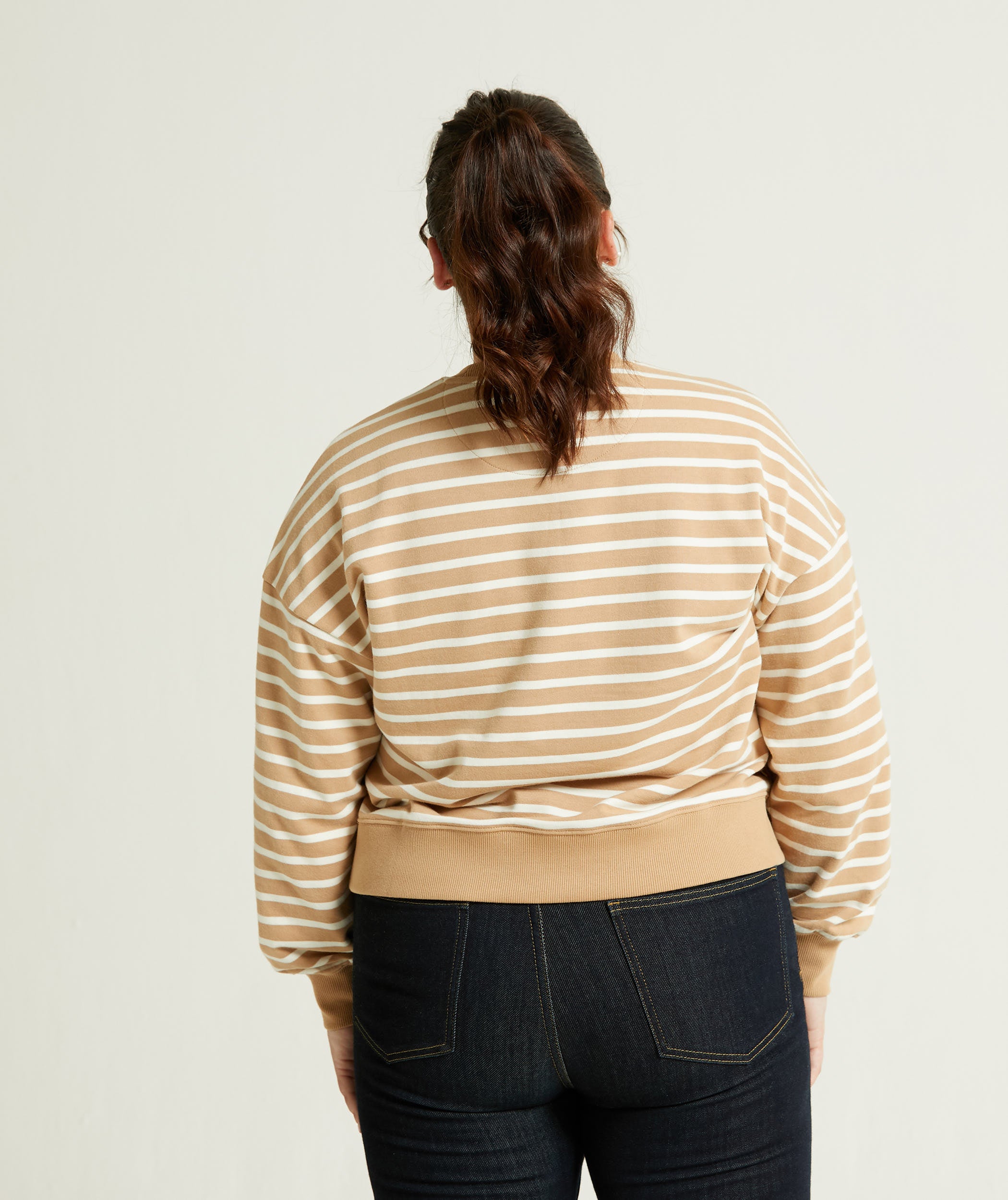 Ladies Crew Neck Stripe Sweatshirt - Tan & Off-White