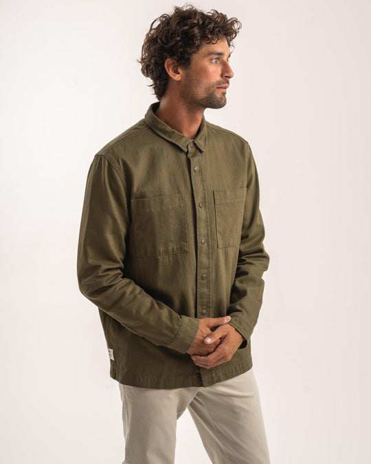 Mens Cotton Canvas Shacket - Dark Olive