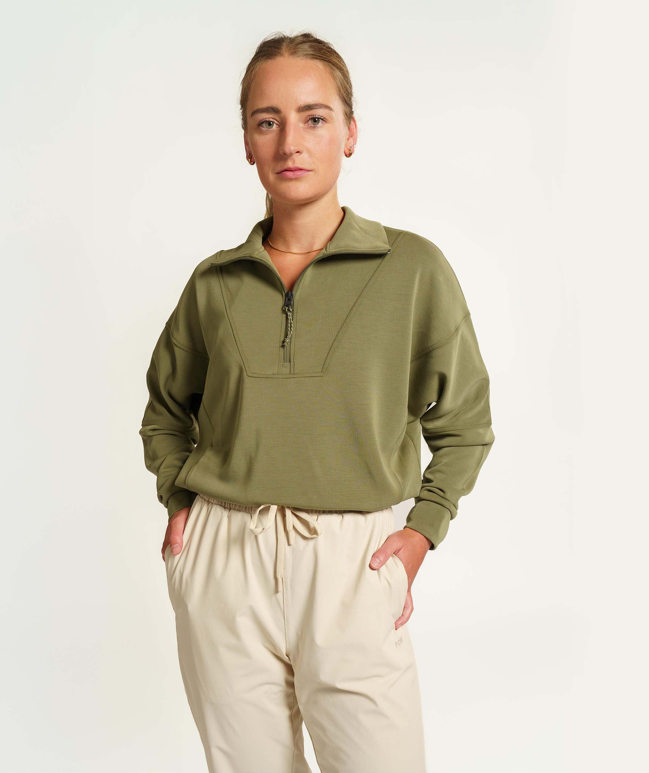 Ladies 1/4 Zip Long Sleeve Sweater - Olive